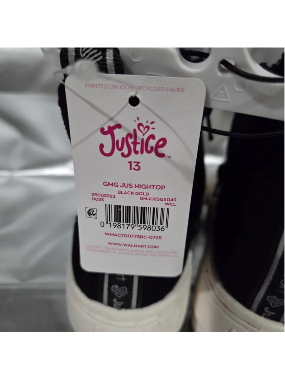 NWT Girls Justice Black Hightops With White Soles Size 13